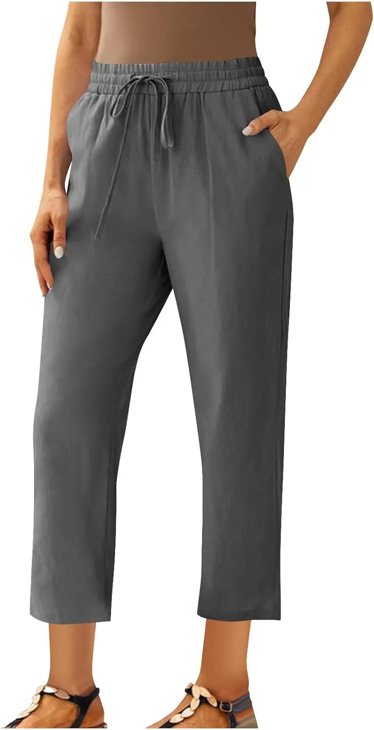 Linen Pants Women's Straight Leg Capri Pants for Women Solid Color Sweatpants for Women Elastic Waist Cropped Trousers
