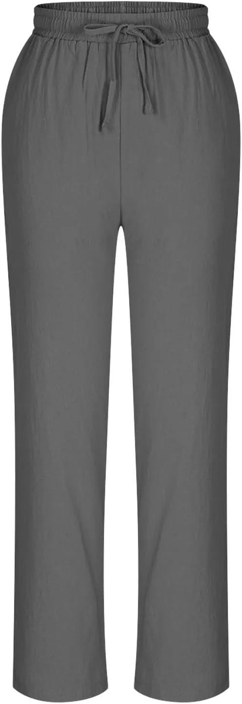 Linen Pants Women's Straight Leg Capri Pants for Women Solid Color Sweatpants for Women Elastic Waist Cropped Trousers