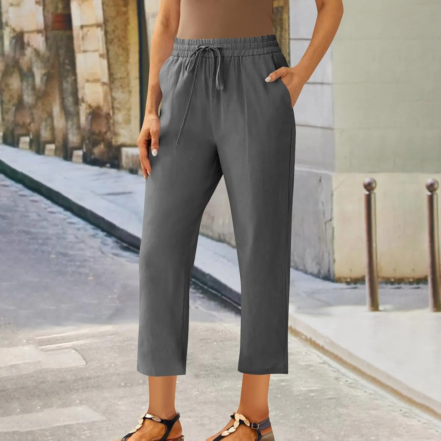 Linen Pants Women's Straight Leg Capri Pants for Women Solid Color Sweatpants for Women Elastic Waist Cropped Trousers