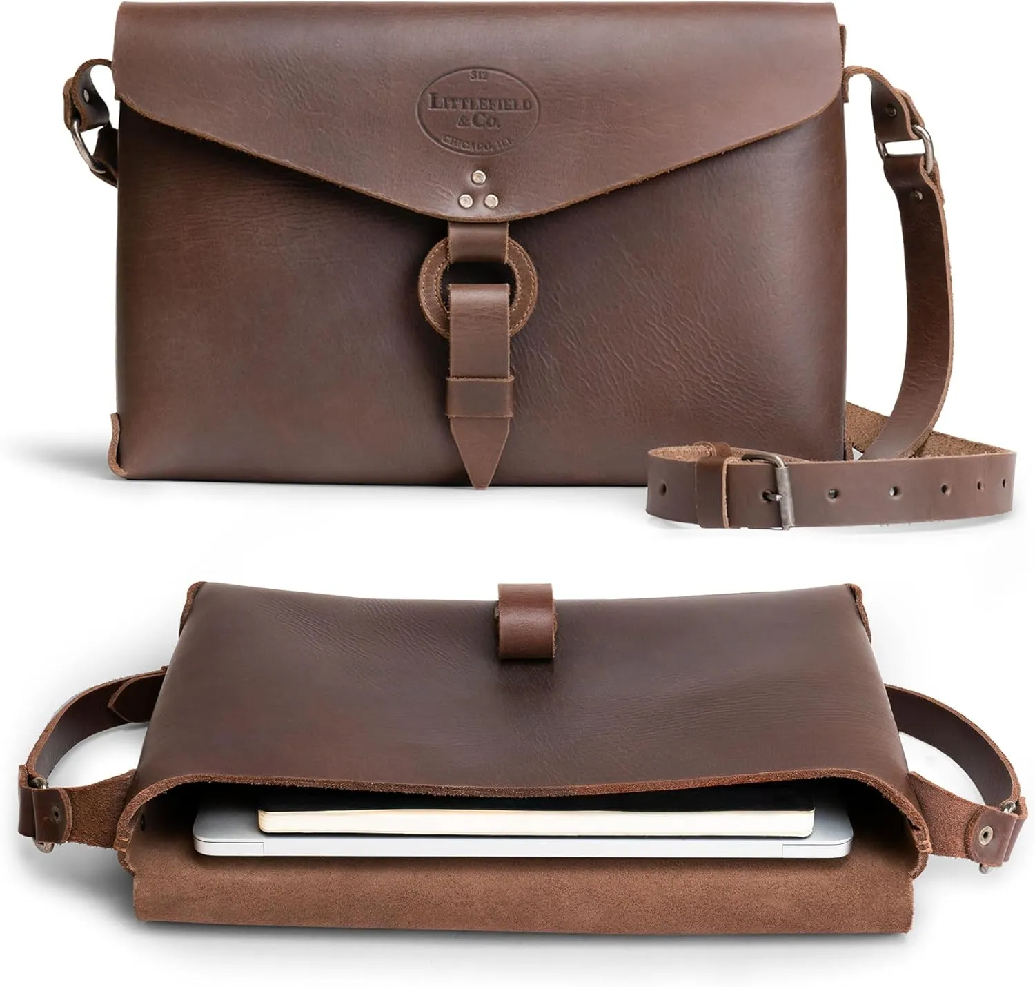 Littlefield & Co., Rustic Messenger Bag with Adjustable Shoulder Strap, Classic Satchel, Travel Bag, Full Grain Leather, Handmade, Bourbon Brown