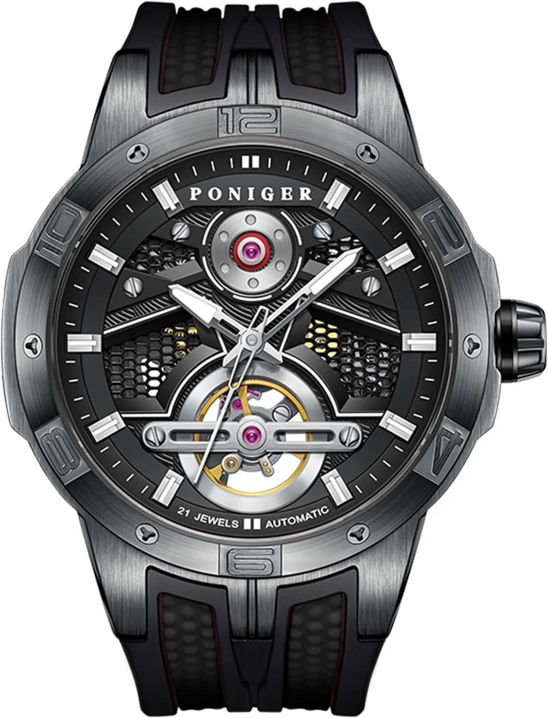 LOBINNI Men's Watch Stainless Steel Mechanical Automatic Skeleton Luxury Watches Rubber Band Waterproof Wrist P6.21