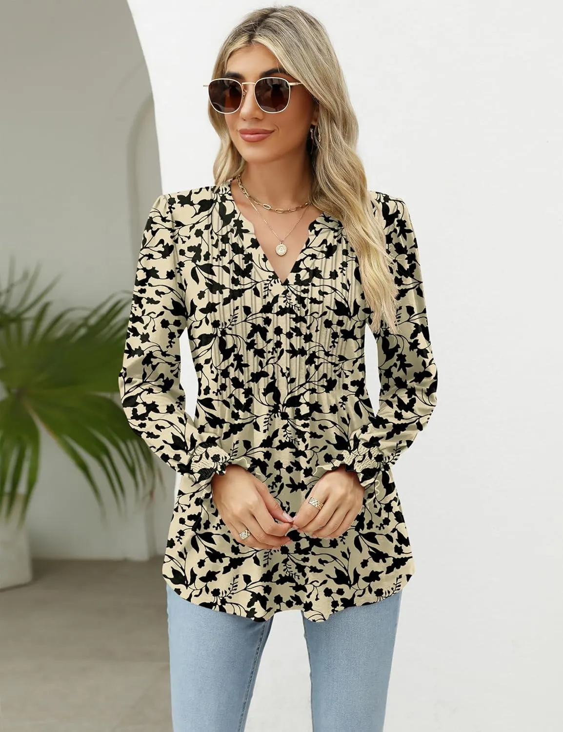 LOMON Long Sleeve Blouses for Women Fall Smocked Tunic Tops Fashion V Neck Shirts Casual Loose Pleated T-Shirts