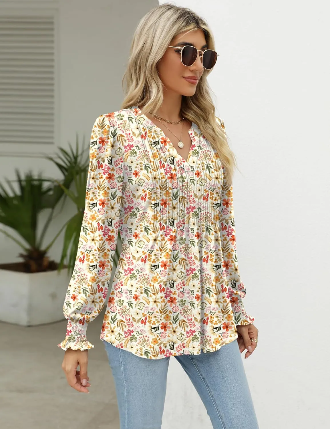 LOMON Long Sleeve Blouses for Women Fall Smocked Tunic Tops Fashion V Neck Shirts Casual Loose Pleated T-Shirts