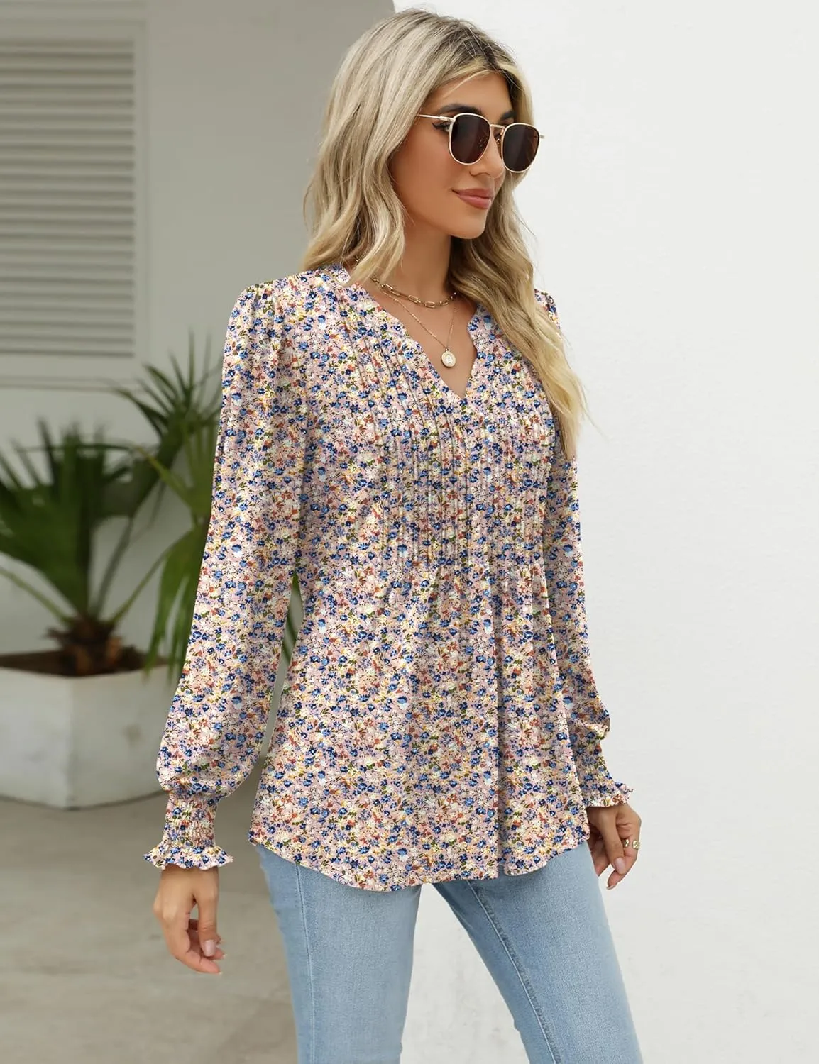 LOMON Long Sleeve Blouses for Women Fall Smocked Tunic Tops Fashion V Neck Shirts Casual Loose Pleated T-Shirts