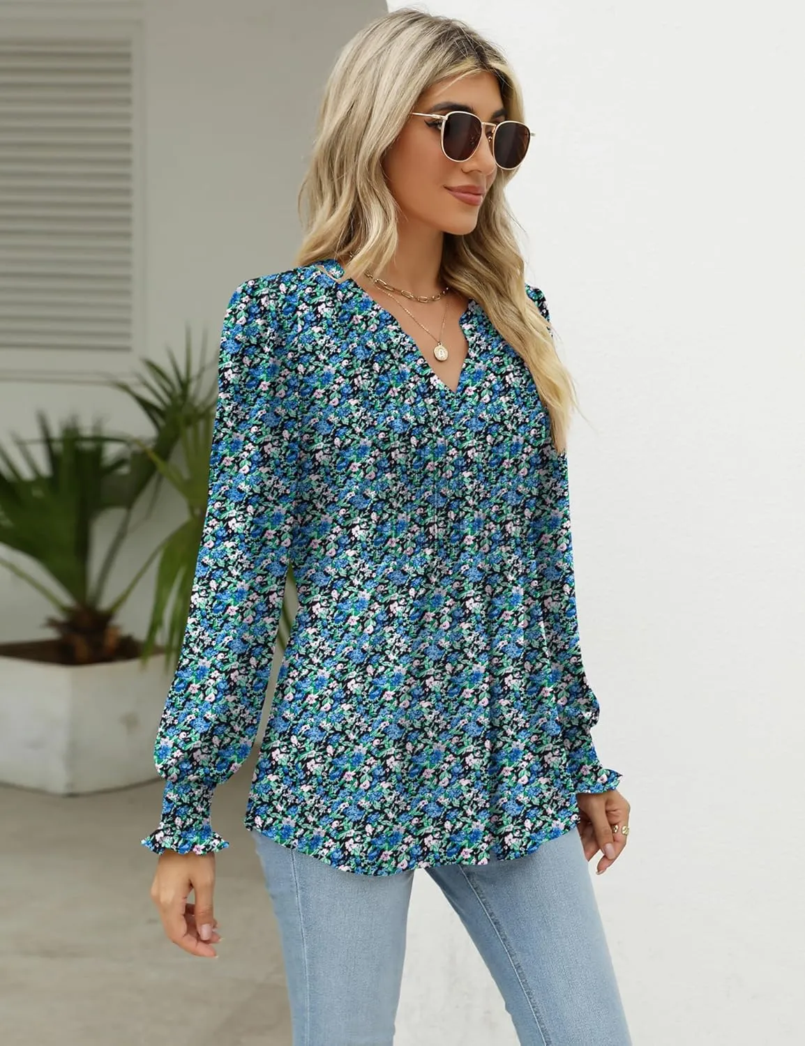 LOMON Long Sleeve Blouses for Women Fall Smocked Tunic Tops Fashion V Neck Shirts Casual Loose Pleated T-Shirts