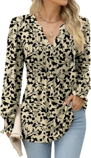 LOMON Long Sleeve Blouses for Women Fall Smocked Tunic Tops Fashion V Neck Shirts Casual Loose Pleated T-Shirts