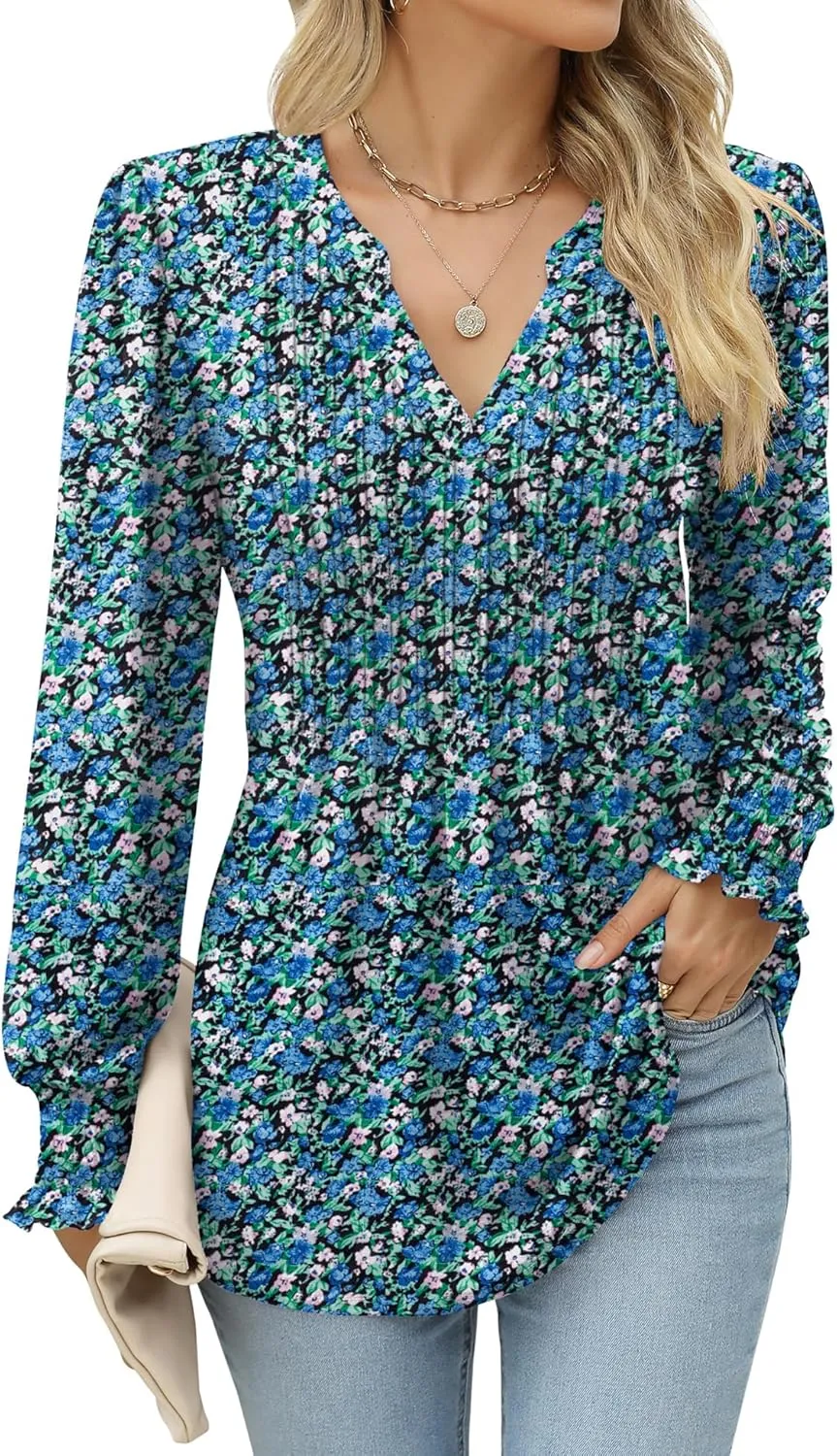LOMON Long Sleeve Blouses for Women Fall Smocked Tunic Tops Fashion V Neck Shirts Casual Loose Pleated T-Shirts
