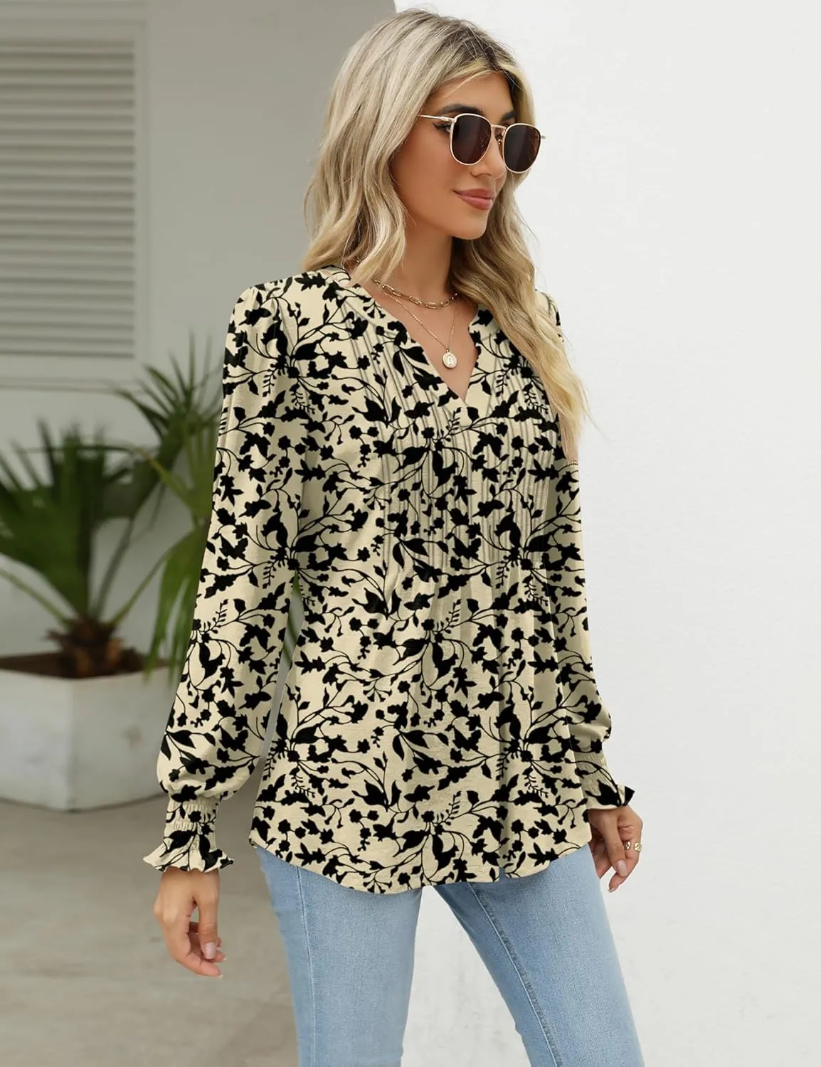 LOMON Long Sleeve Blouses for Women Fall Smocked Tunic Tops Fashion V Neck Shirts Casual Loose Pleated T-Shirts