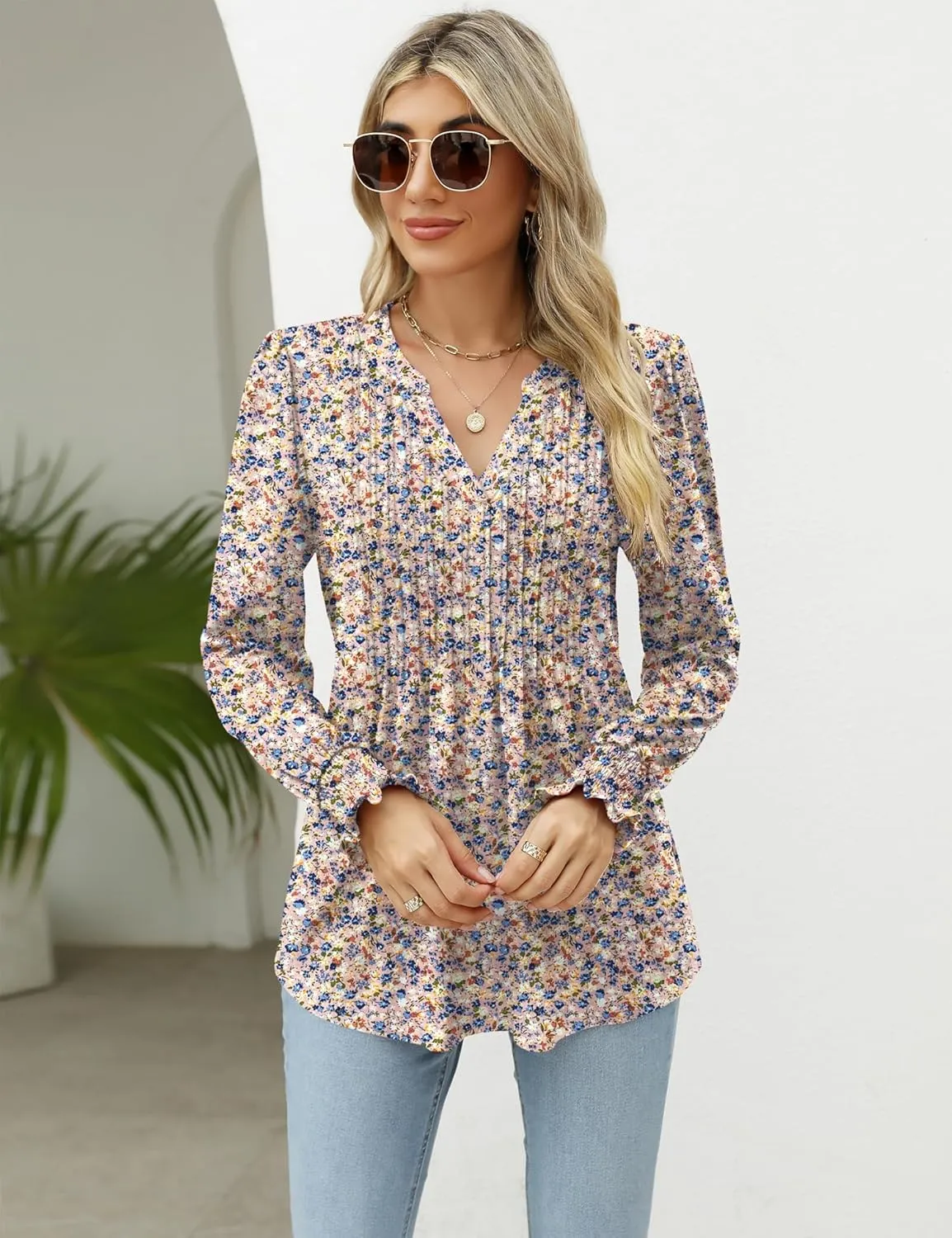 LOMON Long Sleeve Blouses for Women Fall Smocked Tunic Tops Fashion V Neck Shirts Casual Loose Pleated T-Shirts