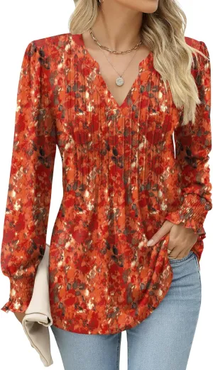 LOMON Long Sleeve Blouses for Women Fall Smocked Tunic Tops Fashion V Neck Shirts Casual Loose Pleated T-Shirts