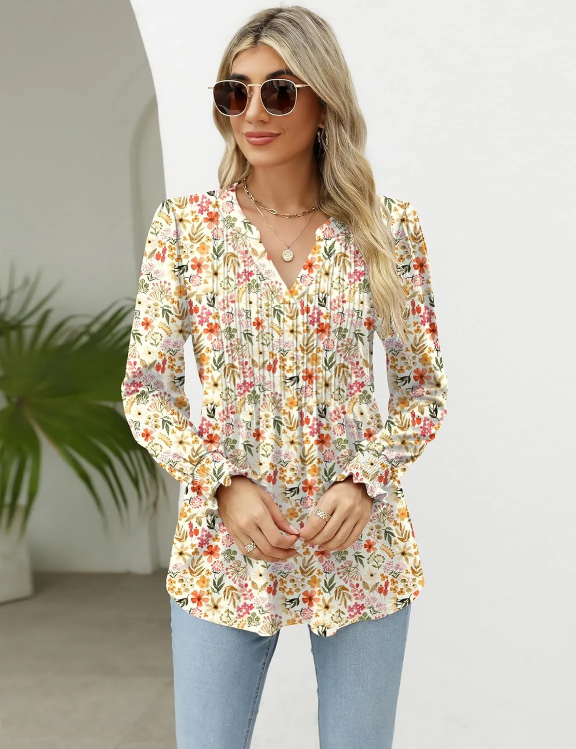 LOMON Long Sleeve Blouses for Women Fall Smocked Tunic Tops Fashion V Neck Shirts Casual Loose Pleated T-Shirts