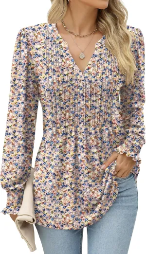 LOMON Long Sleeve Blouses for Women Fall Smocked Tunic Tops Fashion V Neck Shirts Casual Loose Pleated T-Shirts