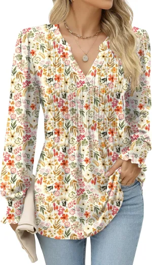 LOMON Long Sleeve Blouses for Women Fall Smocked Tunic Tops Fashion V Neck Shirts Casual Loose Pleated T-Shirts
