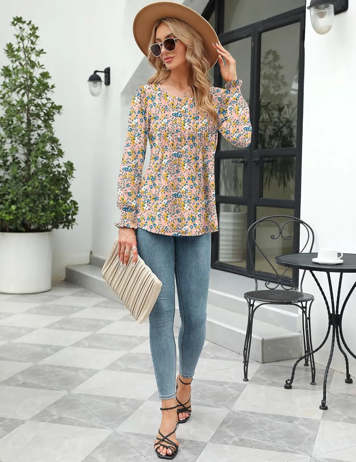 LOMON Women's Fall Puff Long/Short Sleeve Tunic Tops Pleated Crew Neck Shirts Blouses Casual Loose T-Shirts