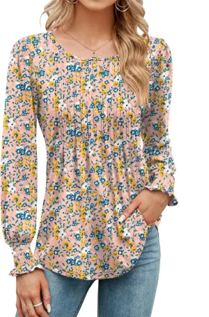 LOMON Women's Fall Puff Long/Short Sleeve Tunic Tops Pleated Crew Neck Shirts Blouses Casual Loose T-Shirts