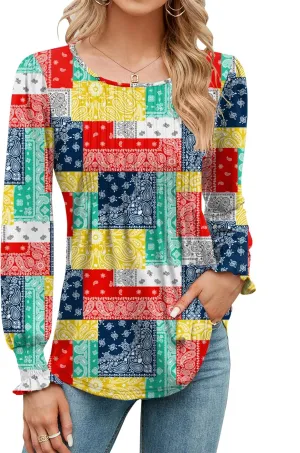 LOMON Women's Fall Puff Long/Short Sleeve Tunic Tops Pleated Crew Neck Shirts Blouses Casual Loose T-Shirts
