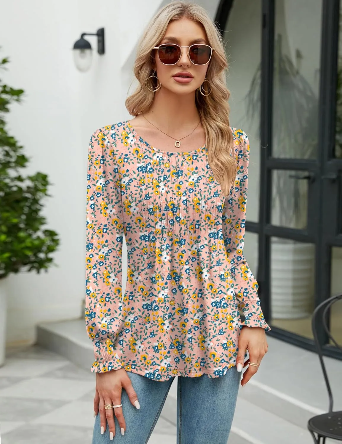LOMON Women's Fall Puff Long/Short Sleeve Tunic Tops Pleated Crew Neck Shirts Blouses Casual Loose T-Shirts