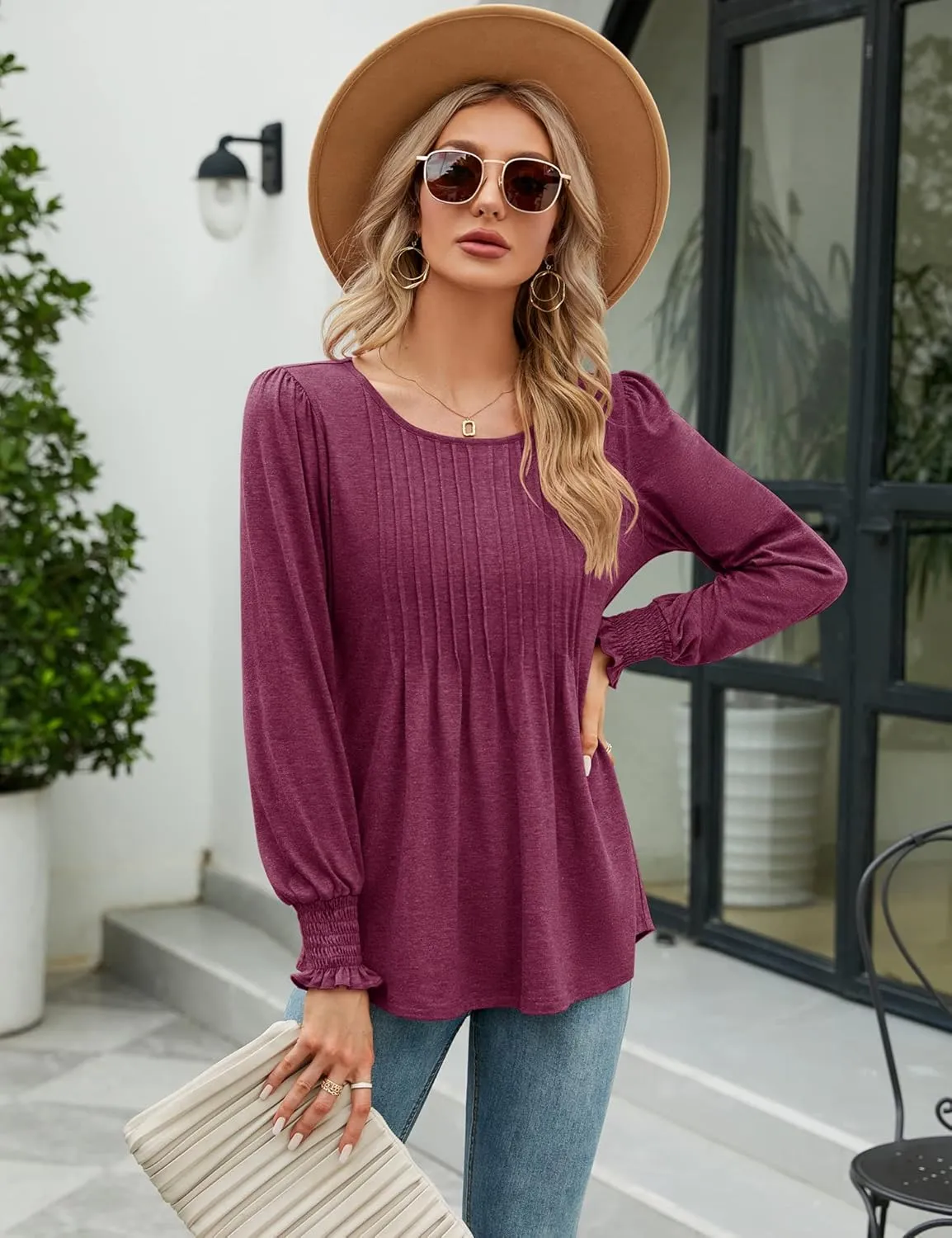 LOMON Women's Fall Puff Long/Short Sleeve Tunic Tops Pleated Crew Neck Shirts Blouses Casual Loose T-Shirts