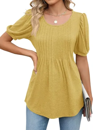 LOMON Women's Fall Puff Long/Short Sleeve Tunic Tops Pleated Crew Neck Shirts Blouses Casual Loose T-Shirts