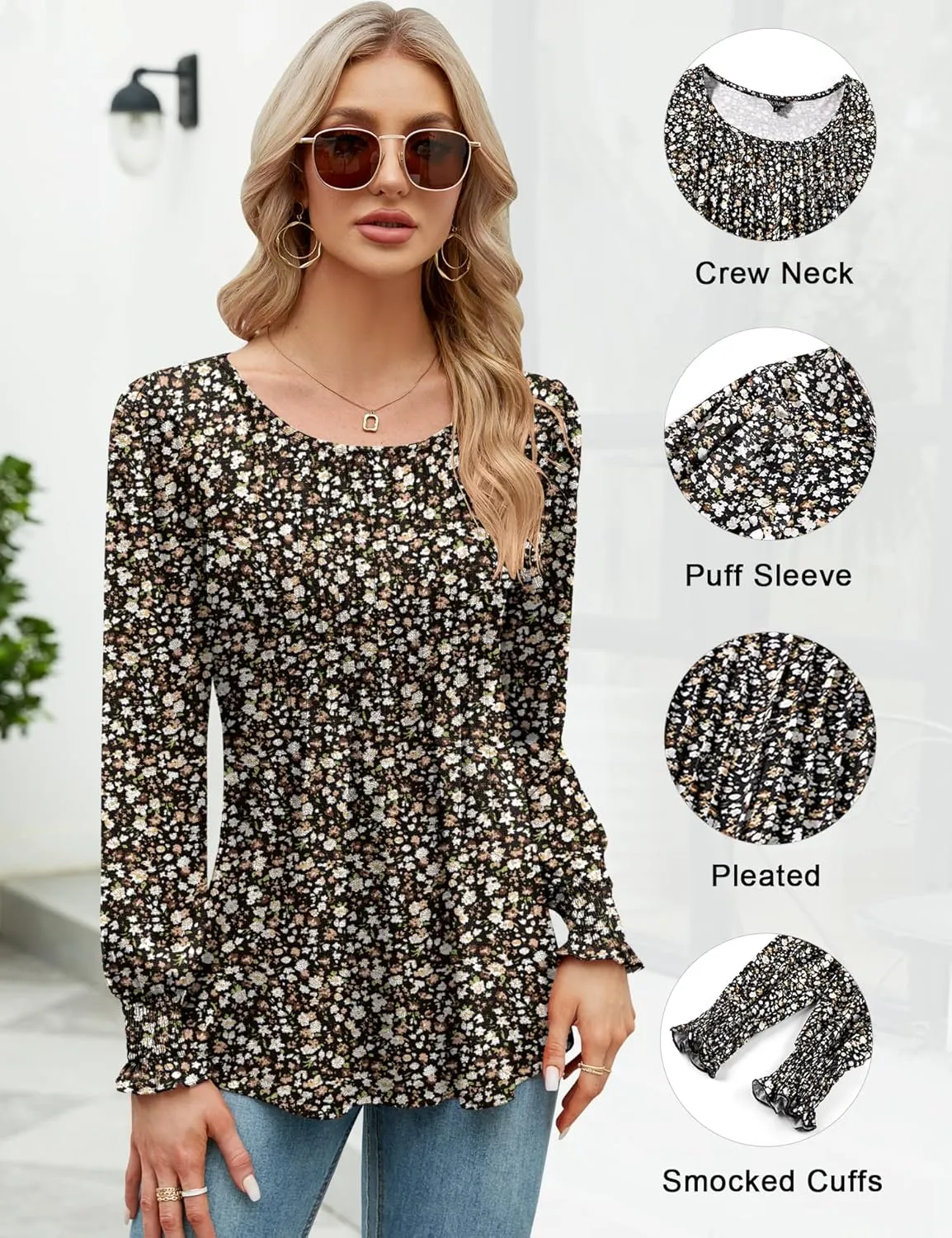 LOMON Women's Fall Puff Long/Short Sleeve Tunic Tops Pleated Crew Neck Shirts Blouses Casual Loose T-Shirts