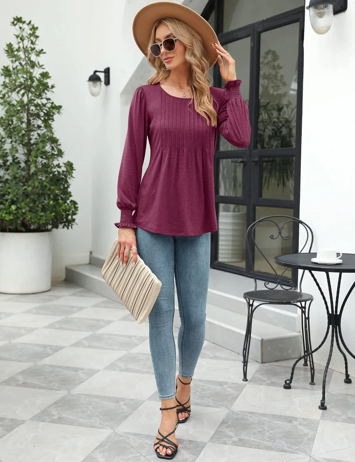 LOMON Women's Fall Puff Long/Short Sleeve Tunic Tops Pleated Crew Neck Shirts Blouses Casual Loose T-Shirts