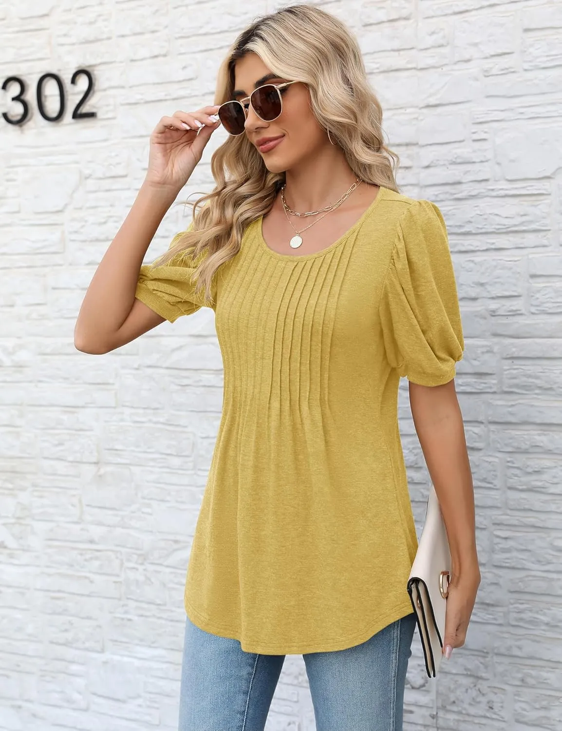 LOMON Women's Fall Puff Long/Short Sleeve Tunic Tops Pleated Crew Neck Shirts Blouses Casual Loose T-Shirts