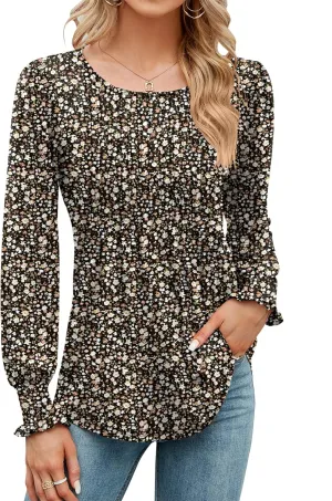 LOMON Women's Fall Puff Long/Short Sleeve Tunic Tops Pleated Crew Neck Shirts Blouses Casual Loose T-Shirts