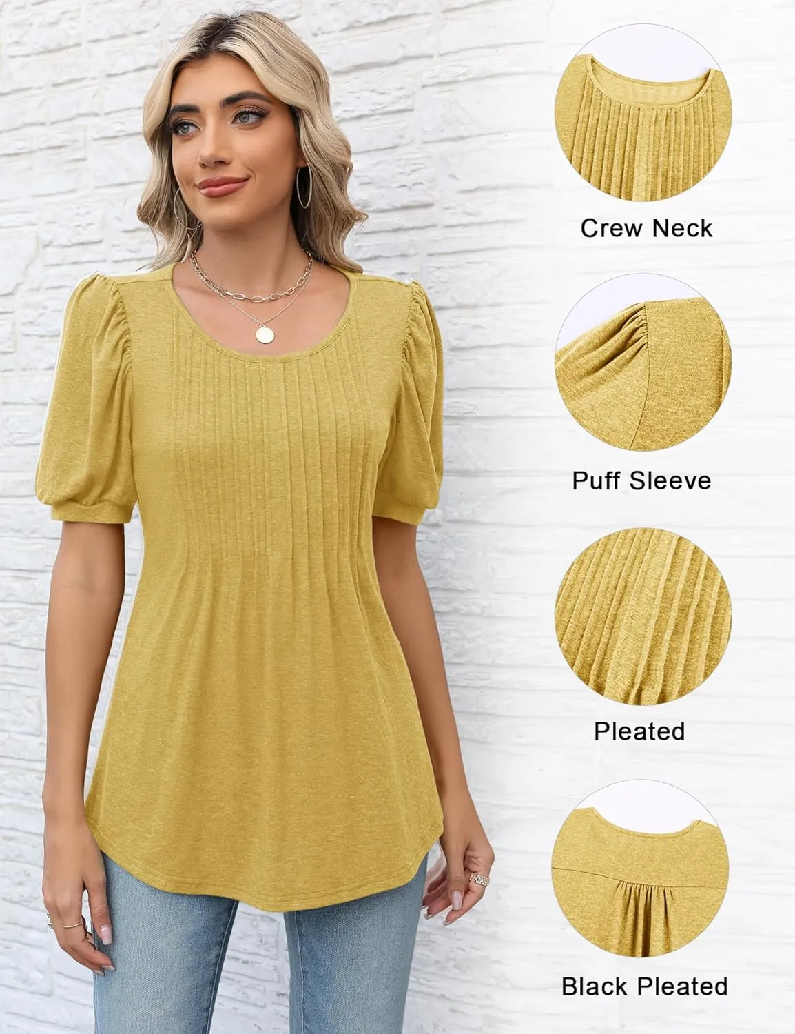 LOMON Women's Fall Puff Long/Short Sleeve Tunic Tops Pleated Crew Neck Shirts Blouses Casual Loose T-Shirts
