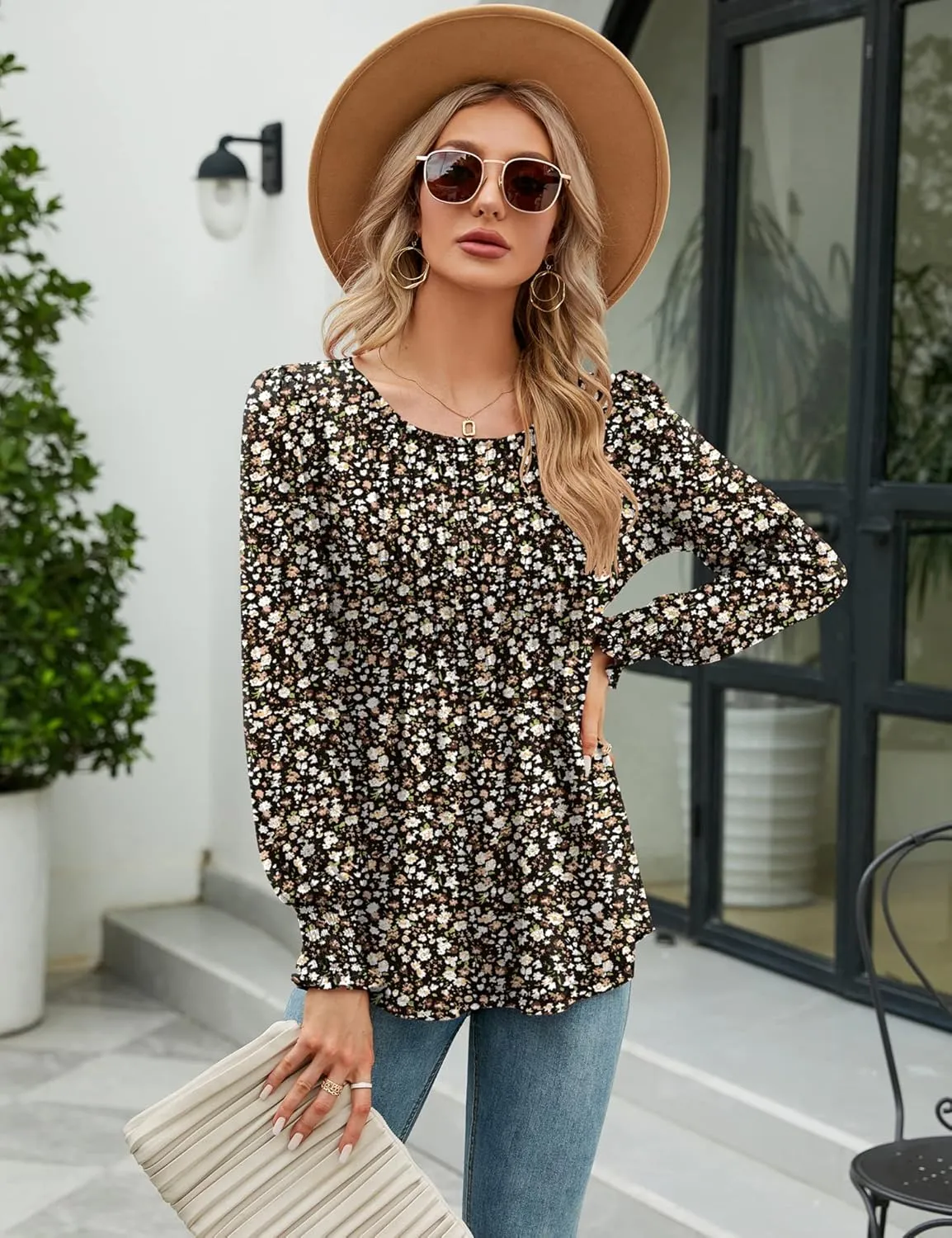 LOMON Women's Fall Puff Long/Short Sleeve Tunic Tops Pleated Crew Neck Shirts Blouses Casual Loose T-Shirts