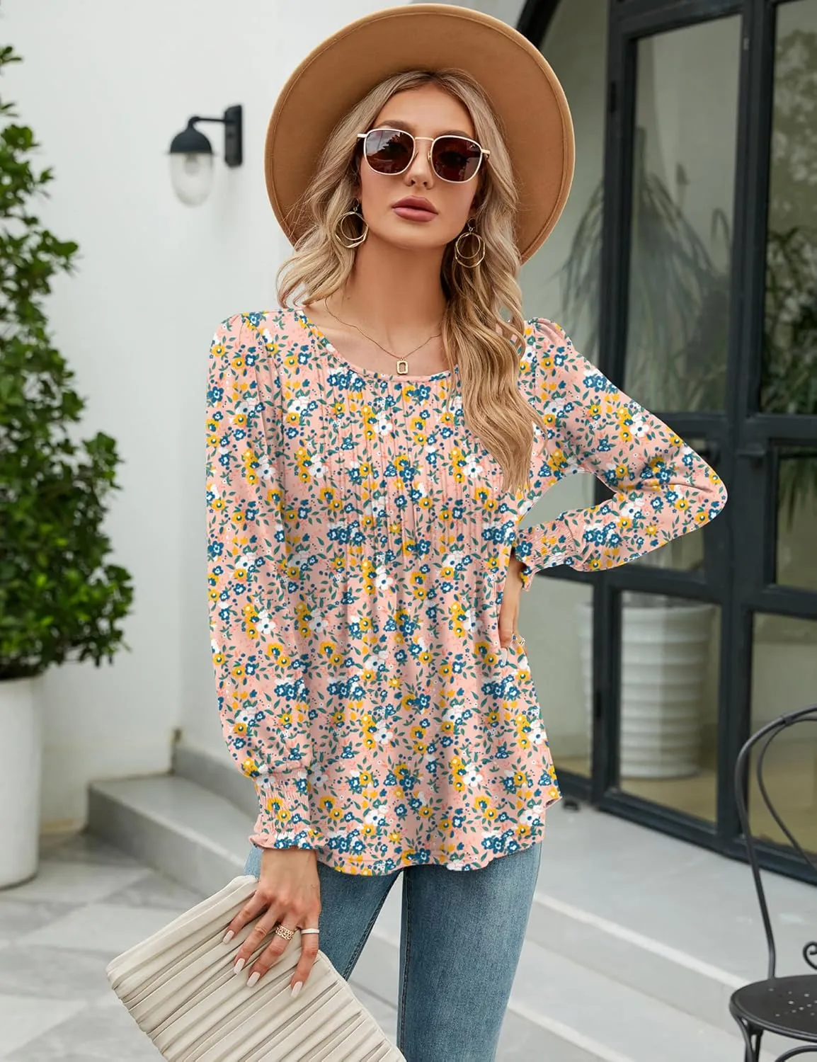 LOMON Women's Fall Puff Long/Short Sleeve Tunic Tops Pleated Crew Neck Shirts Blouses Casual Loose T-Shirts