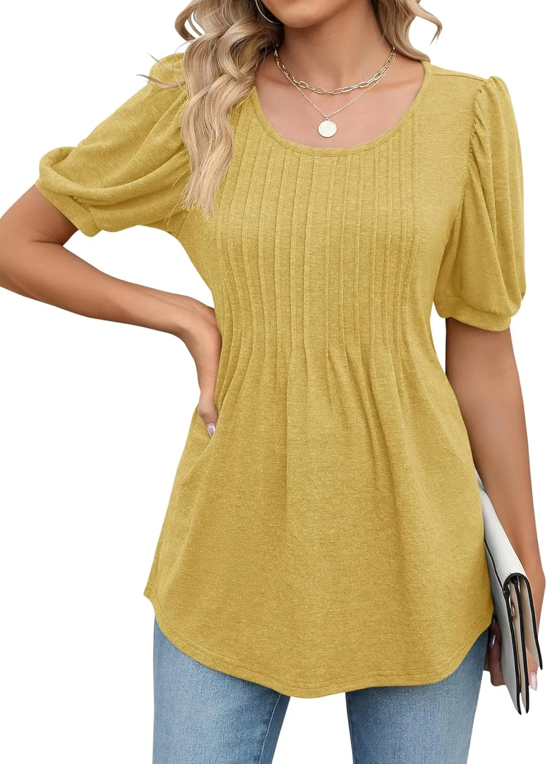LOMON Women's Fall Puff Long/Short Sleeve Tunic Tops Pleated Crew Neck Shirts Blouses Casual Loose T-Shirts