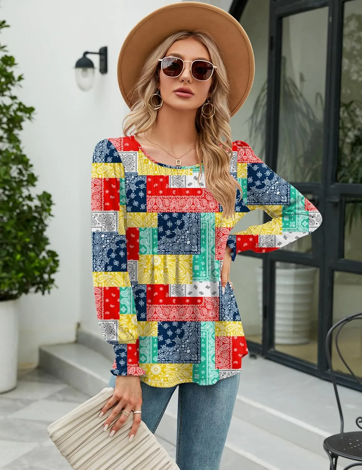 LOMON Women's Fall Puff Long/Short Sleeve Tunic Tops Pleated Crew Neck Shirts Blouses Casual Loose T-Shirts