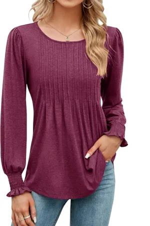 LOMON Women's Fall Puff Long/Short Sleeve Tunic Tops Pleated Crew Neck Shirts Blouses Casual Loose T-Shirts
