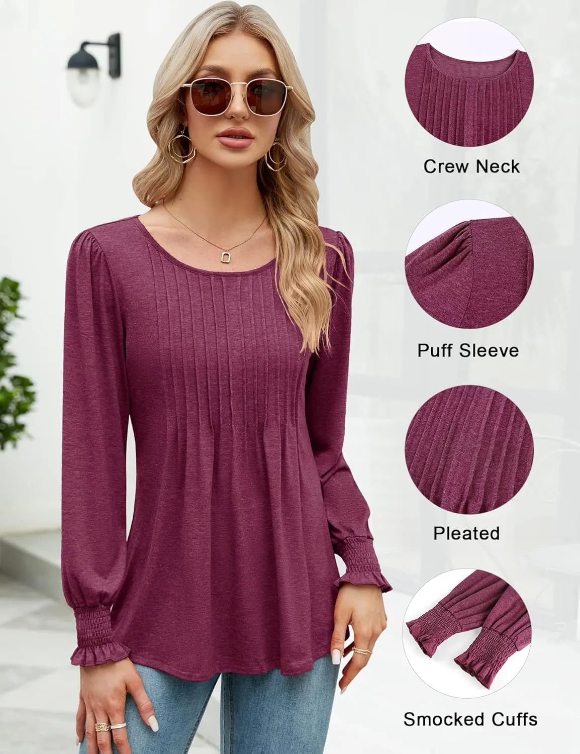 LOMON Women's Fall Puff Long/Short Sleeve Tunic Tops Pleated Crew Neck Shirts Blouses Casual Loose T-Shirts