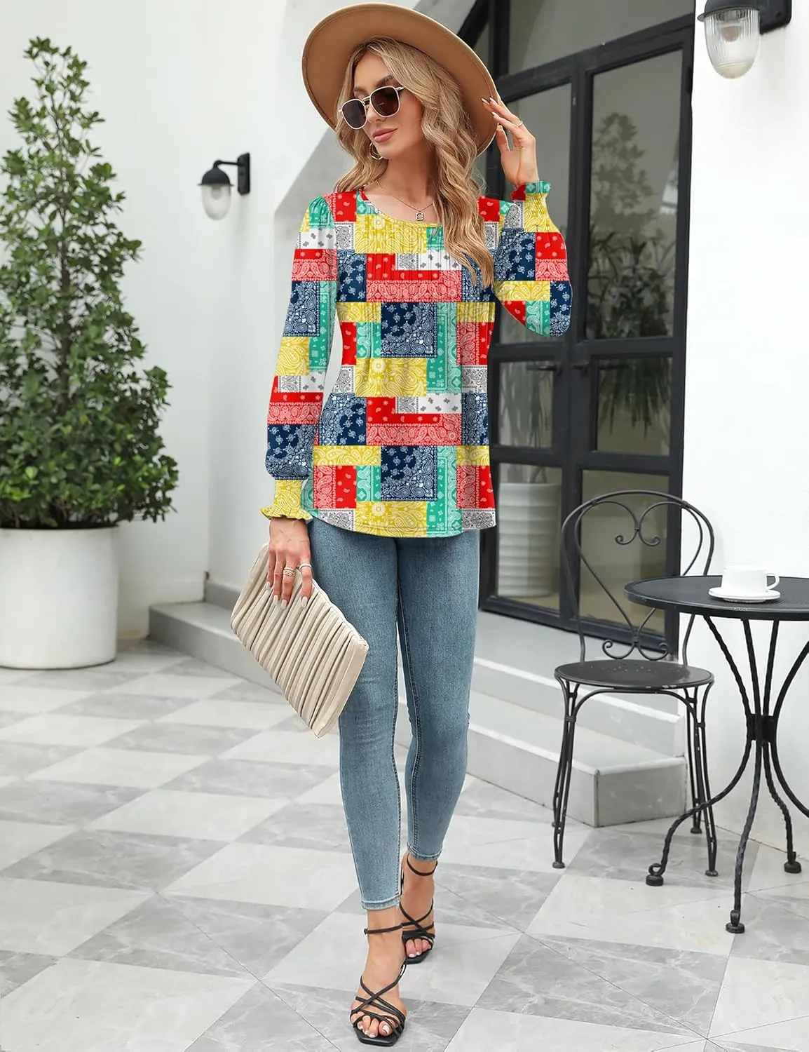 LOMON Women's Fall Puff Long/Short Sleeve Tunic Tops Pleated Crew Neck Shirts Blouses Casual Loose T-Shirts