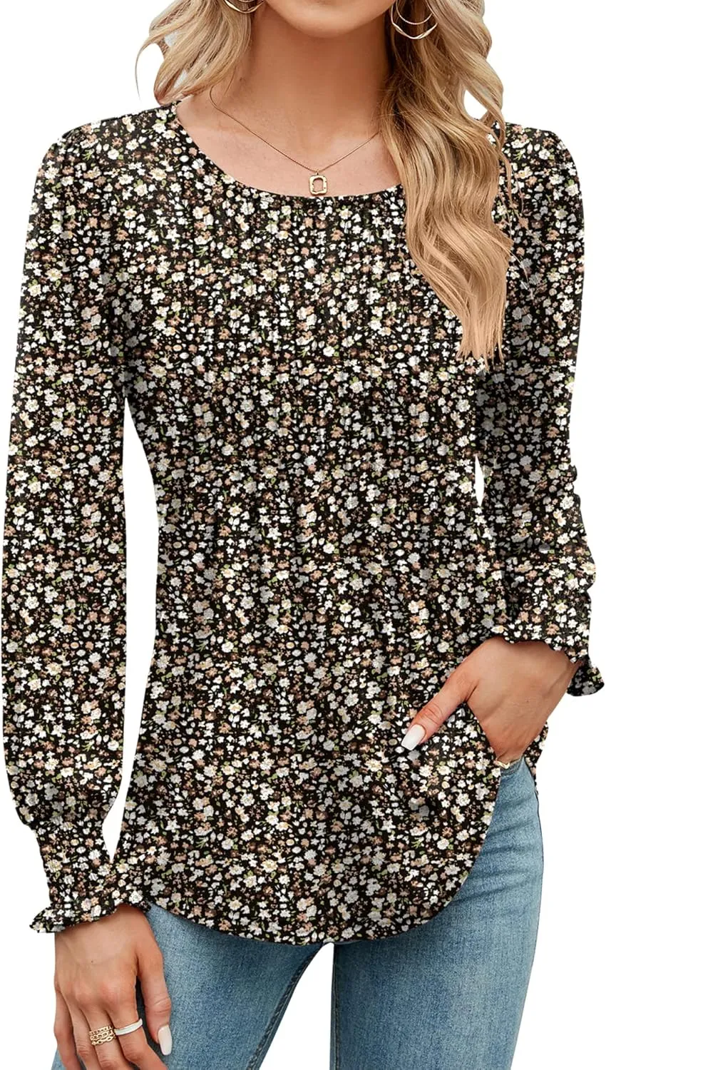 LOMON Women's Fall Puff Long/Short Sleeve Tunic Tops Pleated Crew Neck Shirts Blouses Casual Loose T-Shirts