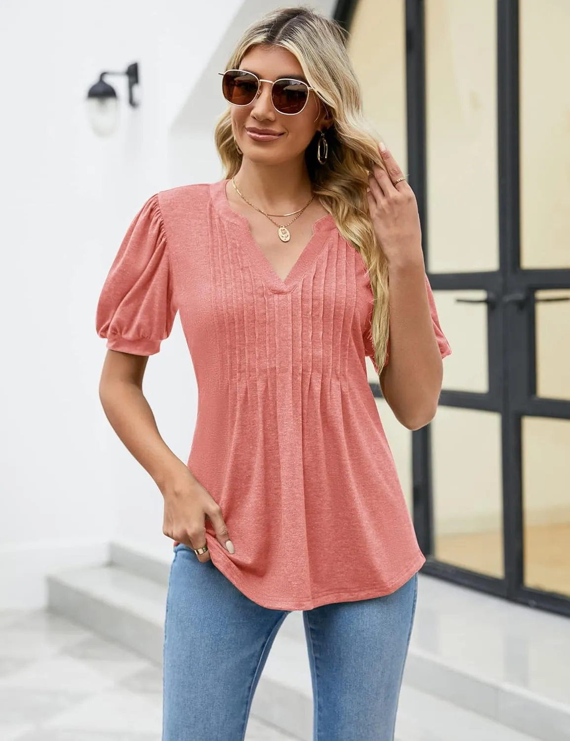 LOMON Womens Summer Tops 2025 Trendy Short Sleeve V Neck T Shirts Casual Dressy Loose Pleated Basic Tunic Blouse