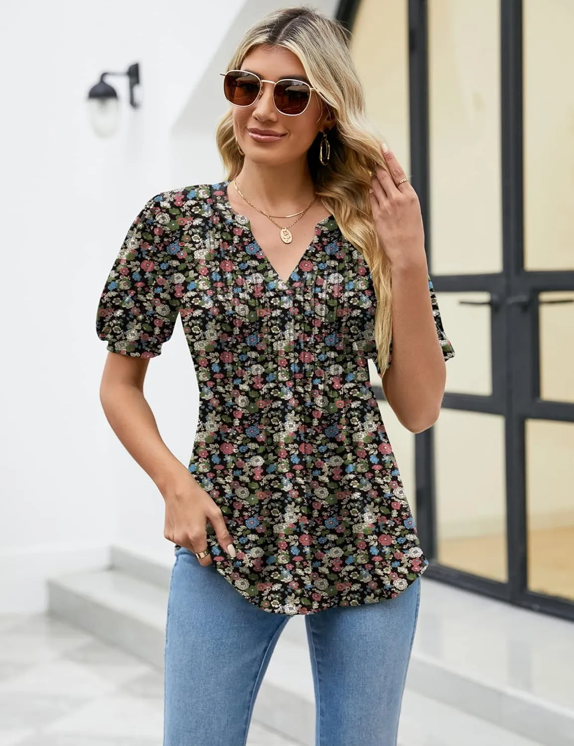 LOMON Womens Summer Tops 2025 Trendy Short Sleeve V Neck T Shirts Casual Dressy Loose Pleated Basic Tunic Blouse