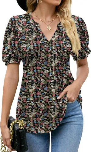 LOMON Womens Summer Tops 2025 Trendy Short Sleeve V Neck T Shirts Casual Dressy Loose Pleated Basic Tunic Blouse