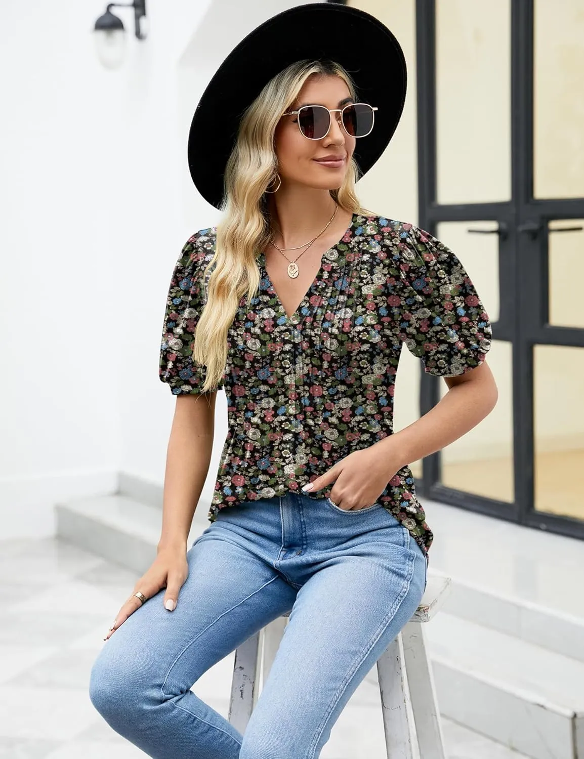 LOMON Womens Summer Tops 2025 Trendy Short Sleeve V Neck T Shirts Casual Dressy Loose Pleated Basic Tunic Blouse