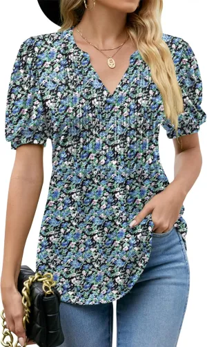 LOMON Womens Summer Tops 2025 Trendy Short Sleeve V Neck T Shirts Casual Dressy Loose Pleated Basic Tunic Blouse