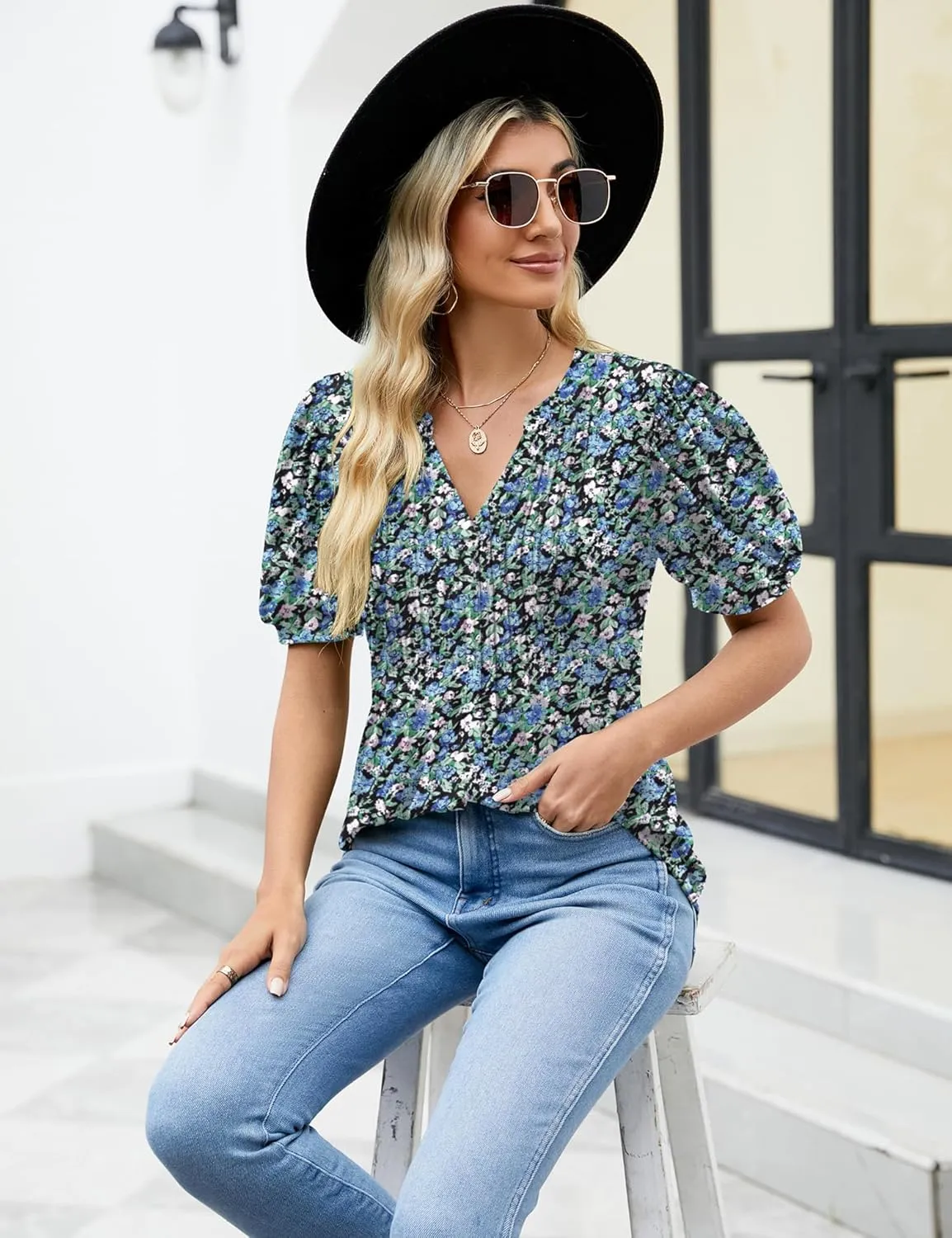 LOMON Womens Summer Tops 2025 Trendy Short Sleeve V Neck T Shirts Casual Dressy Loose Pleated Basic Tunic Blouse