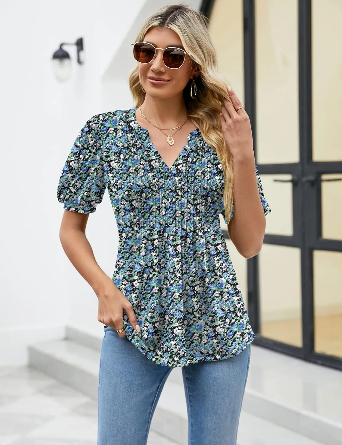 LOMON Womens Summer Tops 2025 Trendy Short Sleeve V Neck T Shirts Casual Dressy Loose Pleated Basic Tunic Blouse