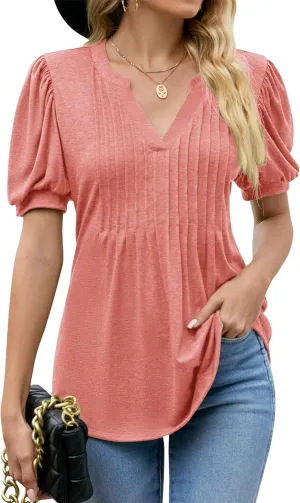 LOMON Womens Summer Tops 2025 Trendy Short Sleeve V Neck T Shirts Casual Dressy Loose Pleated Basic Tunic Blouse