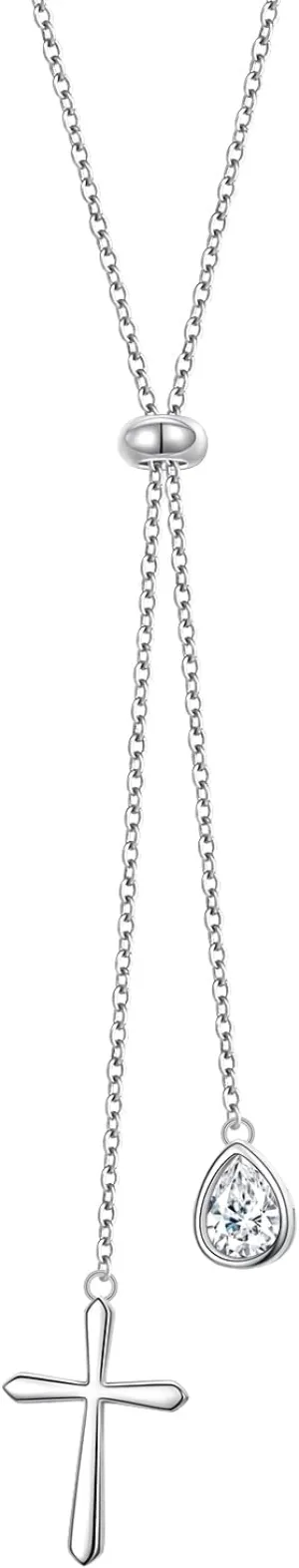 Long Chain Dainty Lariat Necklace Simple Style 925 Sterling Silver Cross Pendant Adjustable Y Shaped Necklace Jewelry for Women