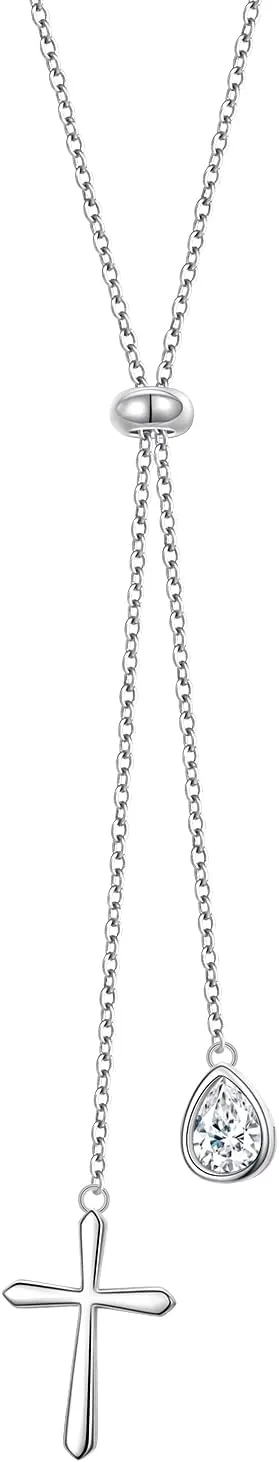 Long Chain Dainty Lariat Necklace Simple Style 925 Sterling Silver Cross Pendant Adjustable Y Shaped Necklace Jewelry for Women