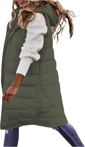 Long Puffer Vest Women Quilted Hooded Sleeveless Down Vest Outerwear Padded Jacket Fall Winter Coat with Pockets