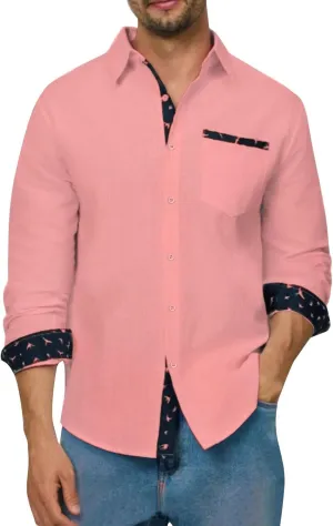 Long Sleeve Cotton Shirts for Men Button Down Mens Casual Untucked Stretch Wrinkle-Free Dress Shirt with Chest Pocket