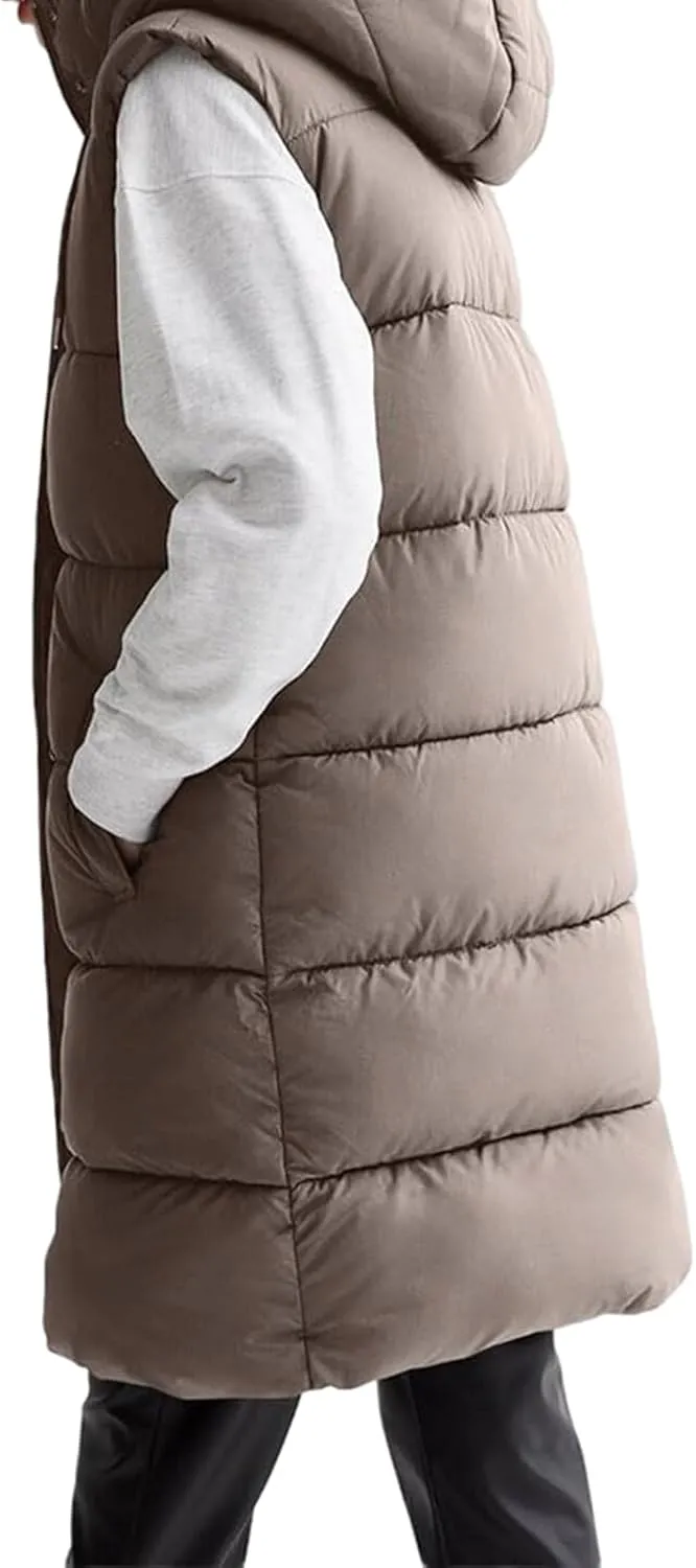 Long Vest for Women Sleeveless Puffer Winter Coats Hooded Oversized Cotton Padded Down Coat Puffy Jackets with Pockets