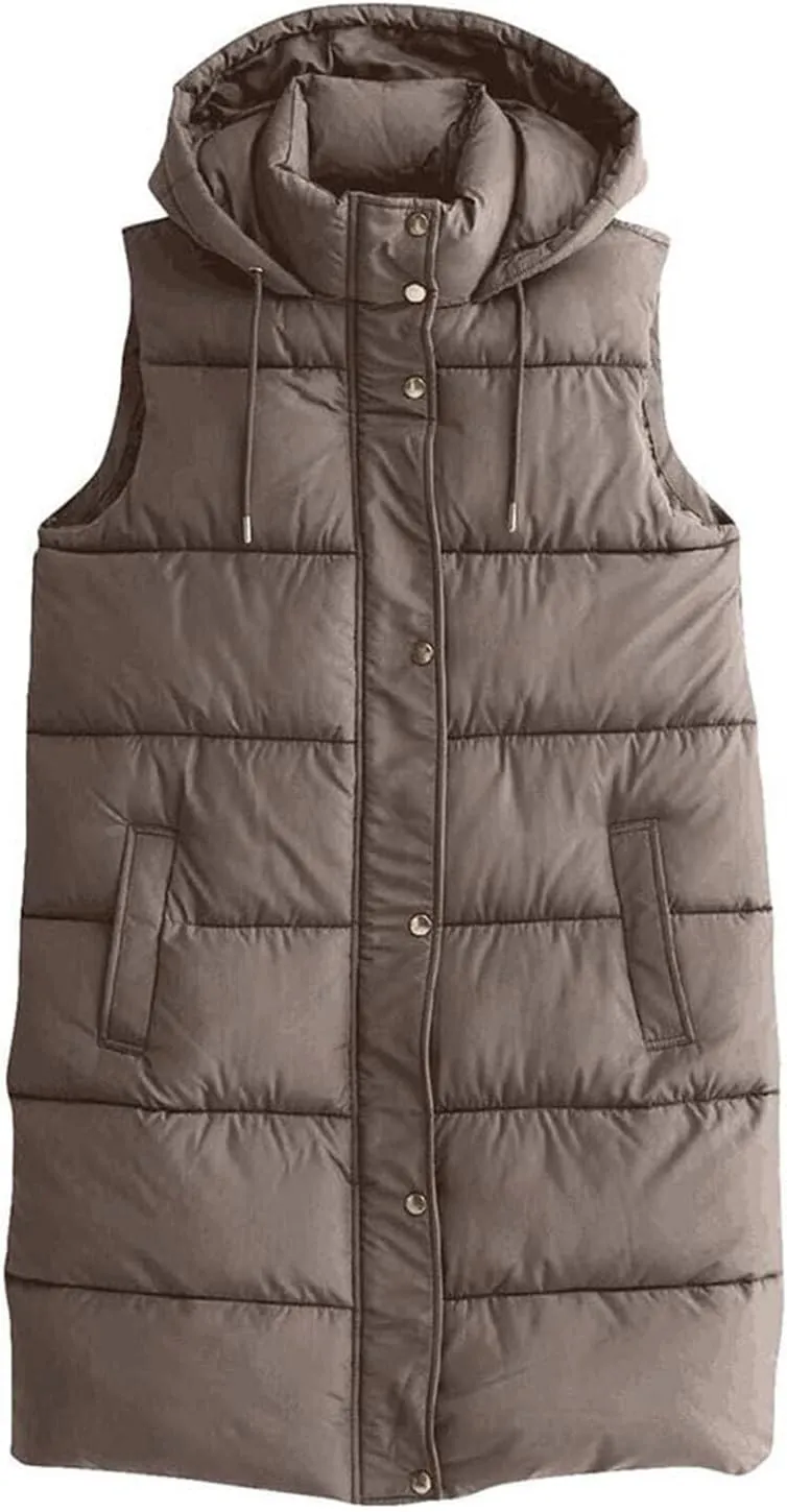 Long Vest for Women Sleeveless Puffer Winter Coats Hooded Oversized Cotton Padded Down Coat Puffy Jackets with Pockets